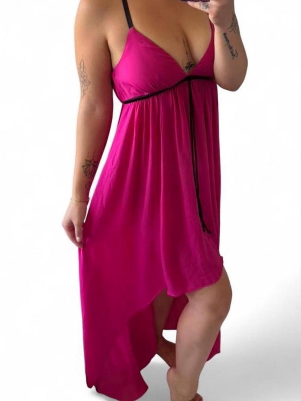 bebe Hot Pink High-Low Slip Dress with Black Trim